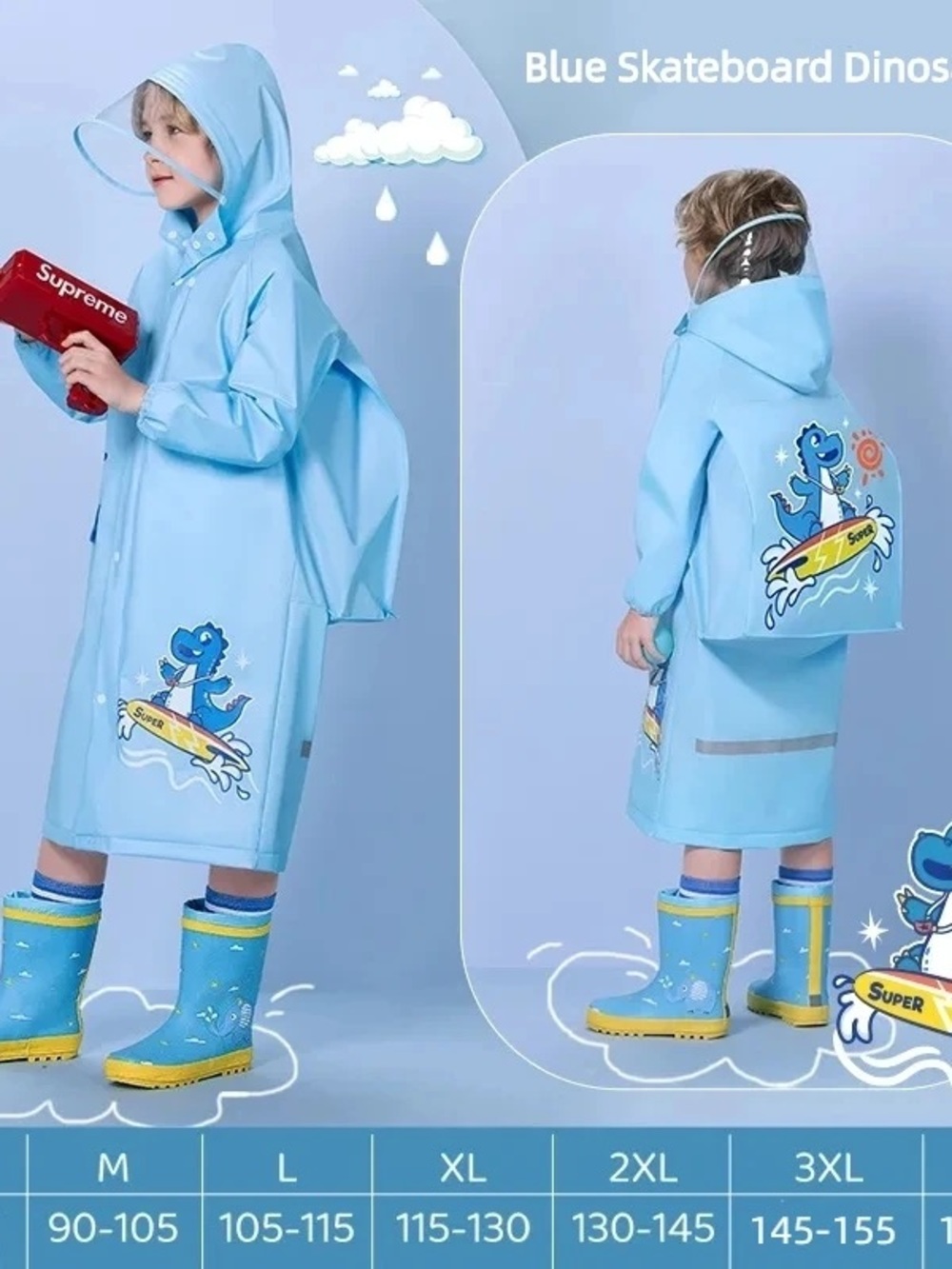 Kids Light Blue Dino Skateboard Raincoat